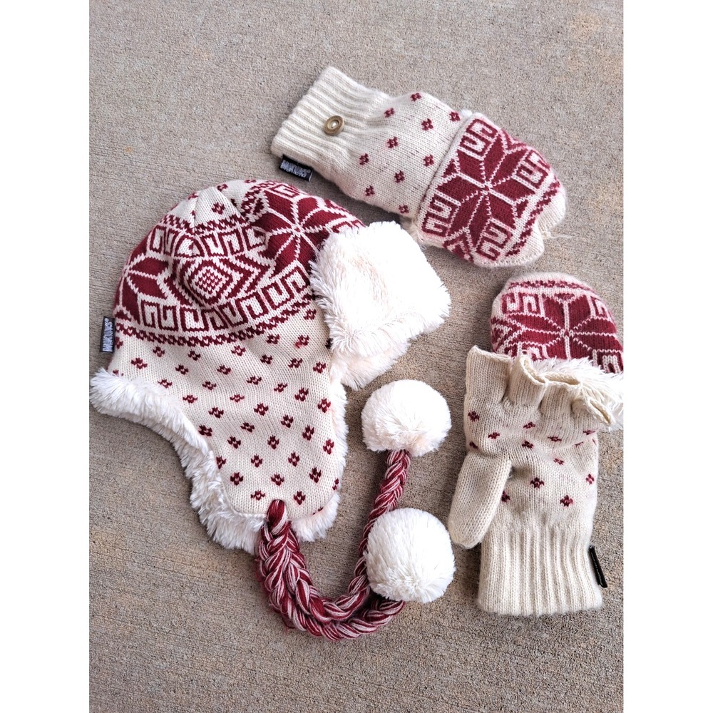 : MUK LUKS Women Fair Isle Knit Trapper Hat Faux Fur Ear Flap Flip Glove Mitten